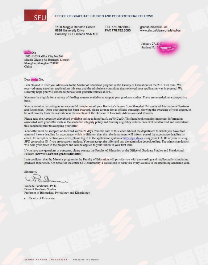 西蒙菲莎大学西蒙菲莎大学研究生offer一枚-wordsunny留学